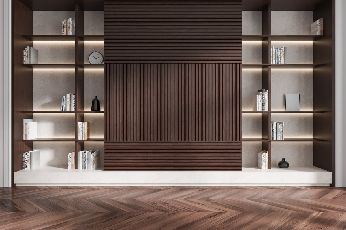 Wooden bookshelf with built-in lighting