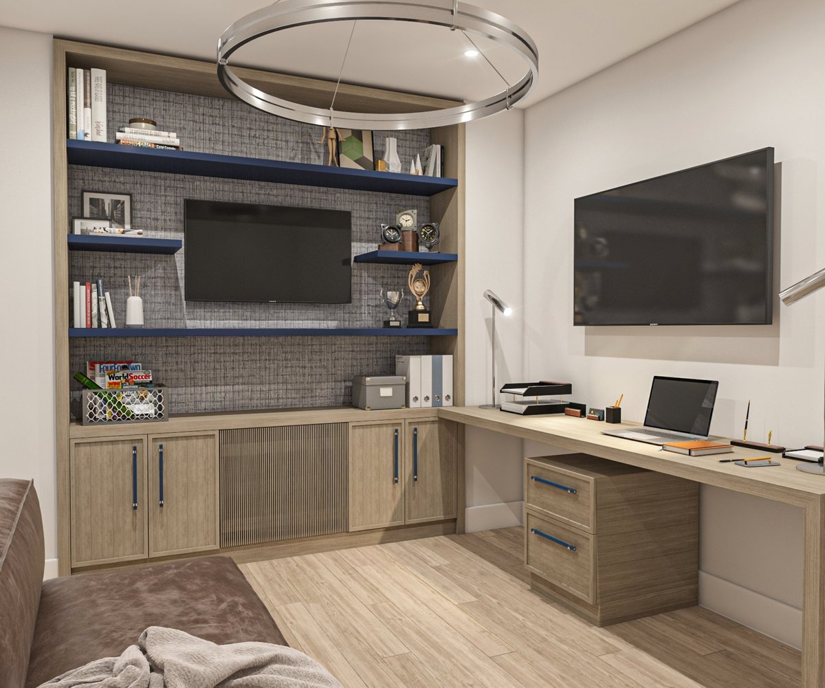 Home office with built-in desk and shelves