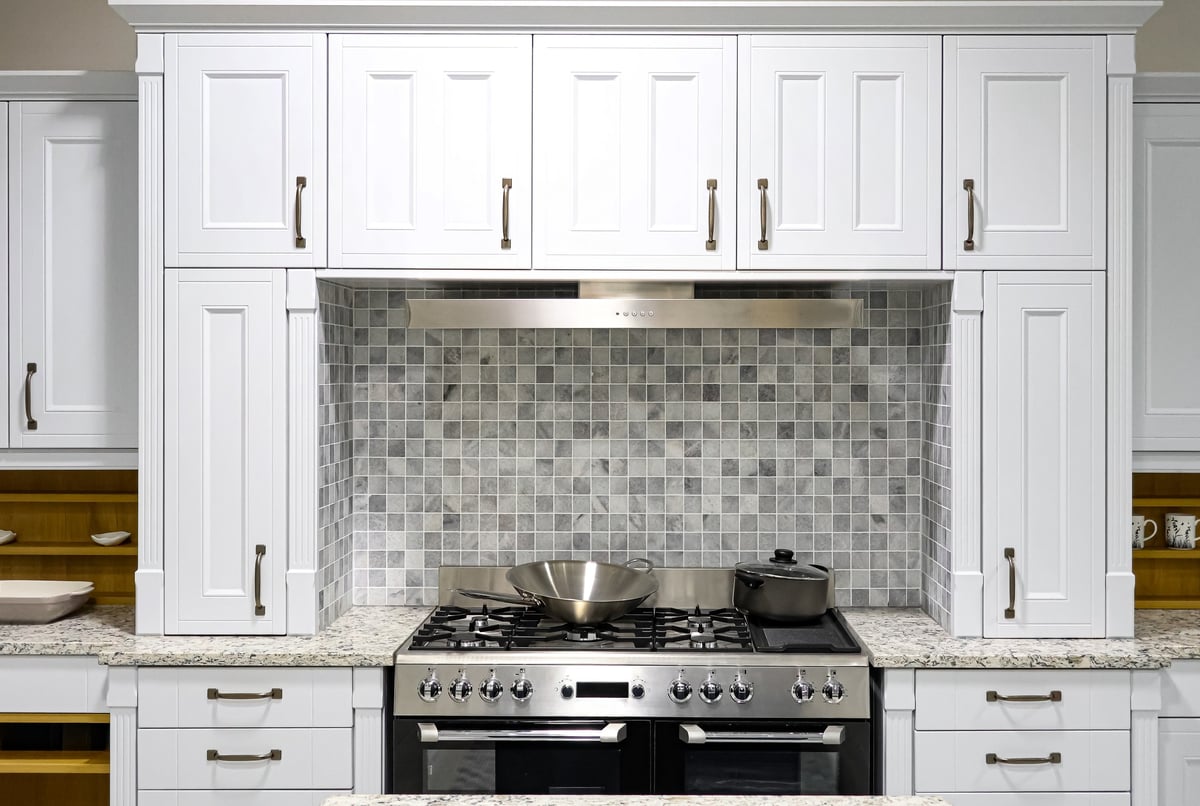 Contemporary kitchen design with white cabinetry