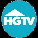 HGTV logo featuring white text and a house roof icon on a turquoise circular background