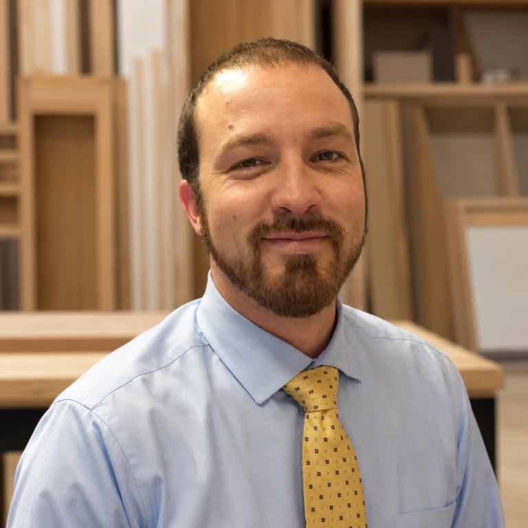 Professional headshot of a man with beard wearing light blue shirt and yellow polka dot tie, wooden shelving in background