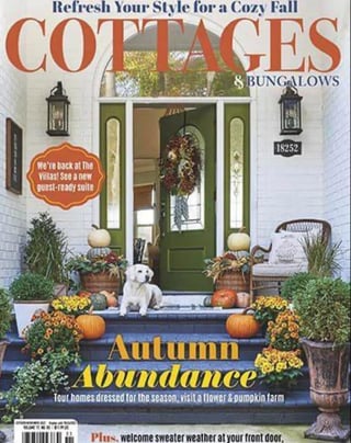 Cottages and Bungalows magazine cover featuring a fall-decorated home entrance with green door, pumpkins, mums, and autumn décor