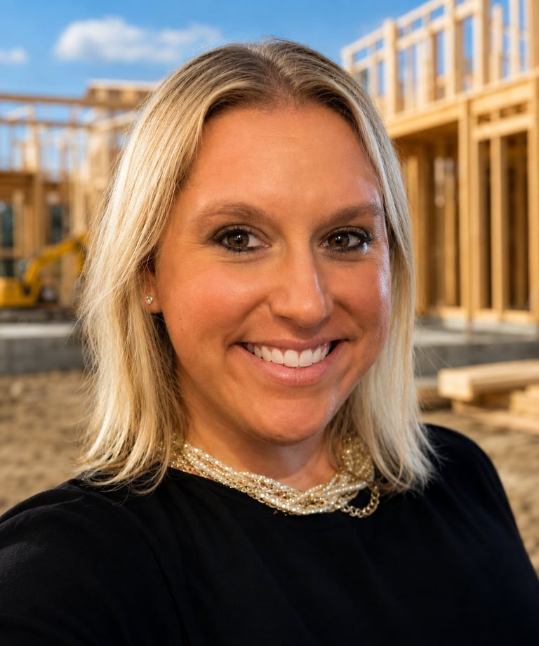 Smiling woman with blonde hair wearing a black top and sparkly necklace, standing in front of a construction site with wooden framing