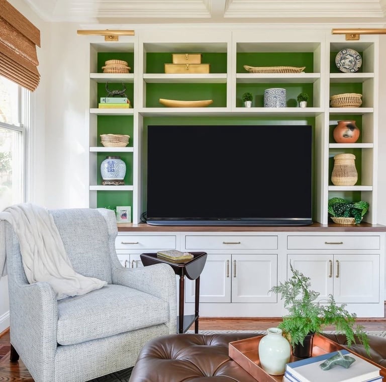 Modern living room with built-in shelving
