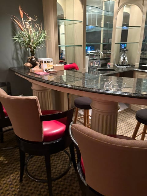 Modern vanity area with curved dark granite counter, tan and red upholstered chairs, decorative plant, and mirrored wall backdrop.